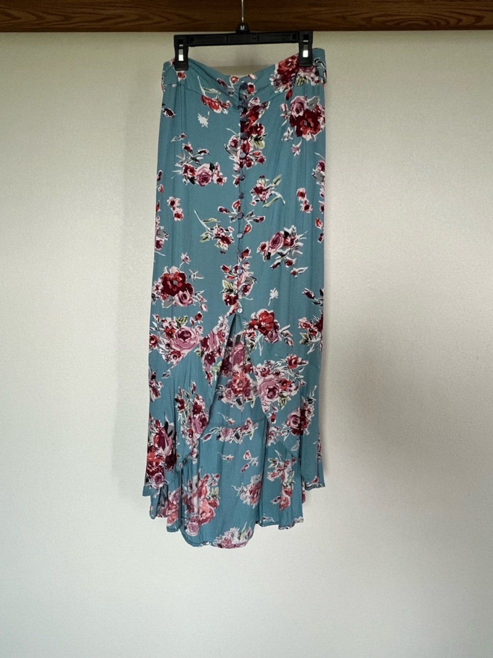 Angie Blue/Teal Floral Button-Front Maxi Skirt with Pink and Red Blooms Size M - Picture 4 of 5